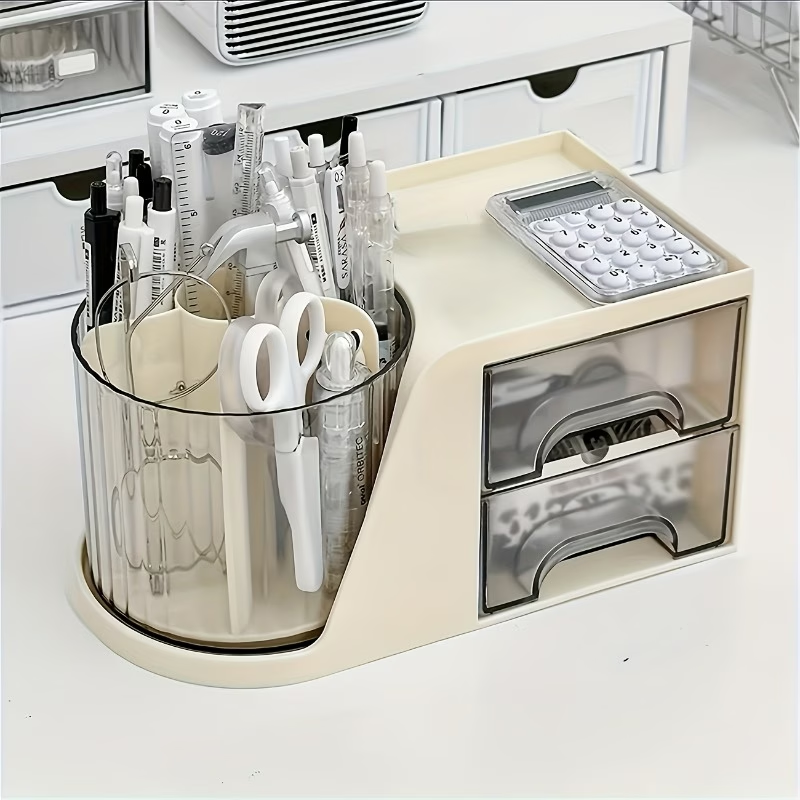 Minimalist desktop organizer box with pen holder and drawer structure