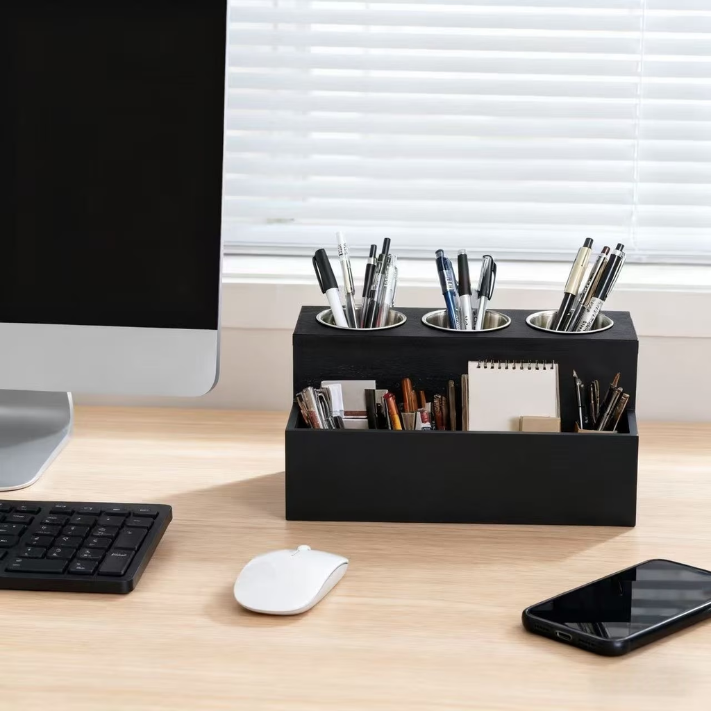 Wooden storage box containing 3 stainless steel containers
