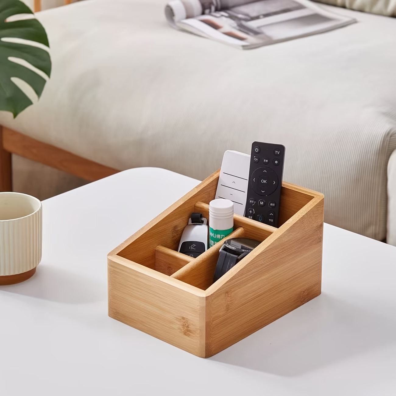 Large capacity multi-compartment bamboo desktop storage box