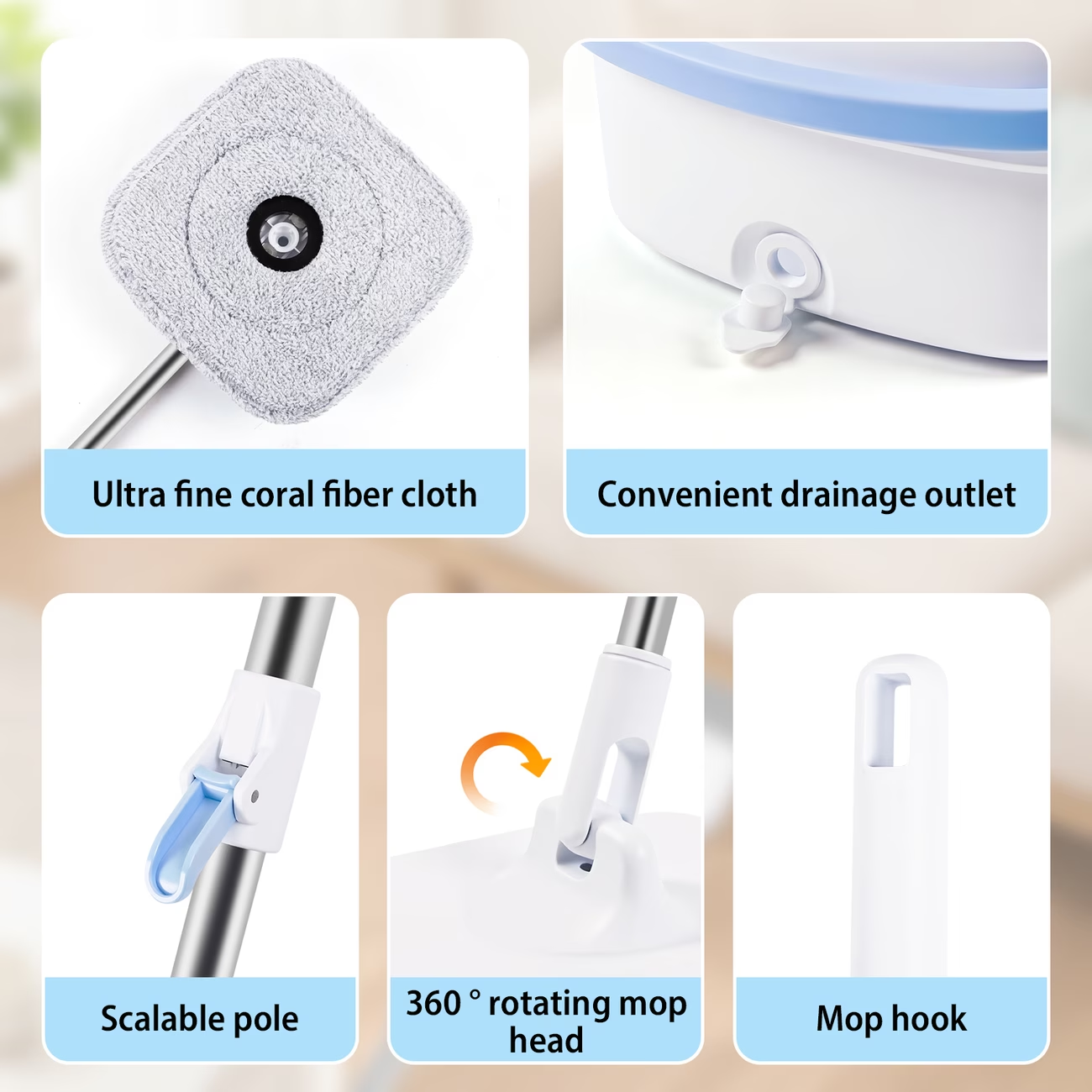 Washable and dry mop bucket set, 360° rotating flat mop.