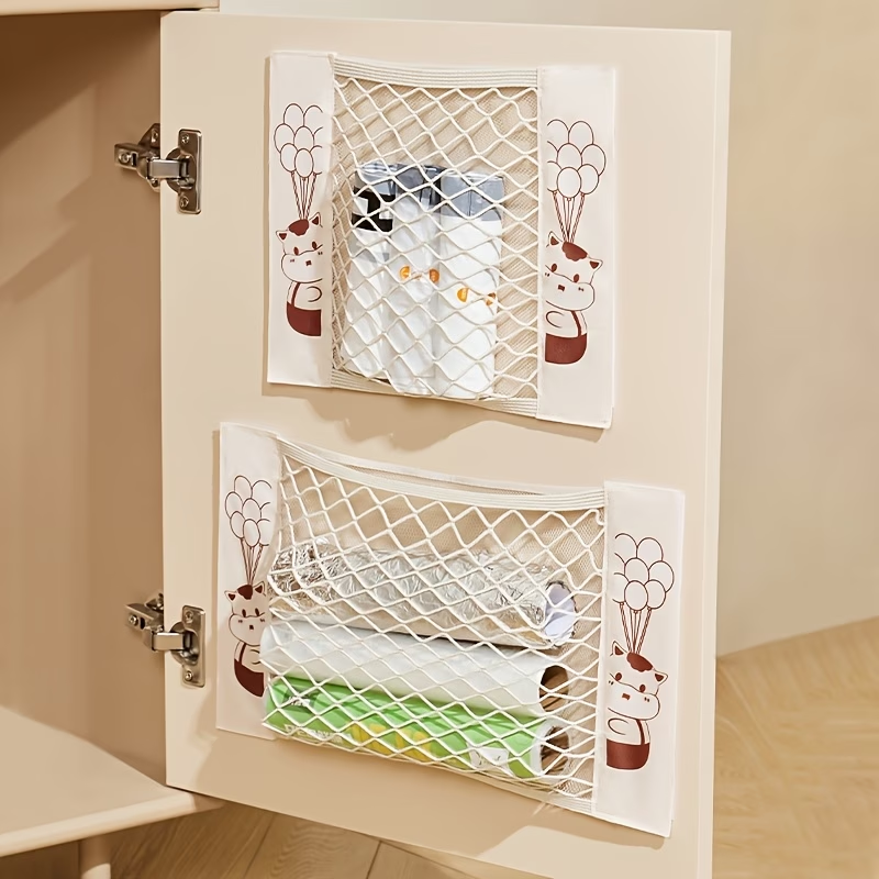 Mesh storage bag, stretchable, with small item pockets, includes 2 stickers.