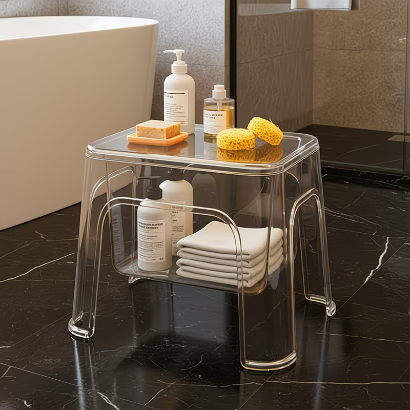 Transparent shoe changing stool with hollow storage, waterproof, sturdy and durable.