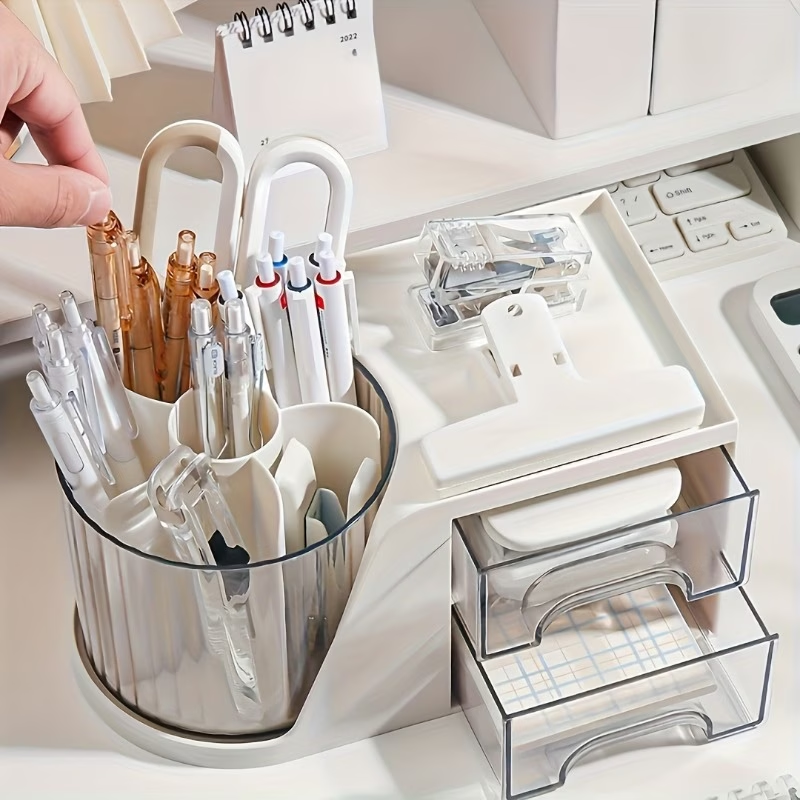 Minimalist desktop organizer box with pen holder and drawer structure