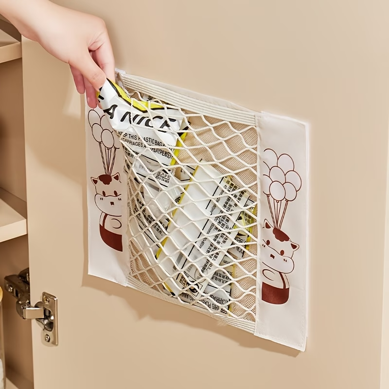 Mesh storage bag, stretchable, with small item pockets, includes 2 stickers.