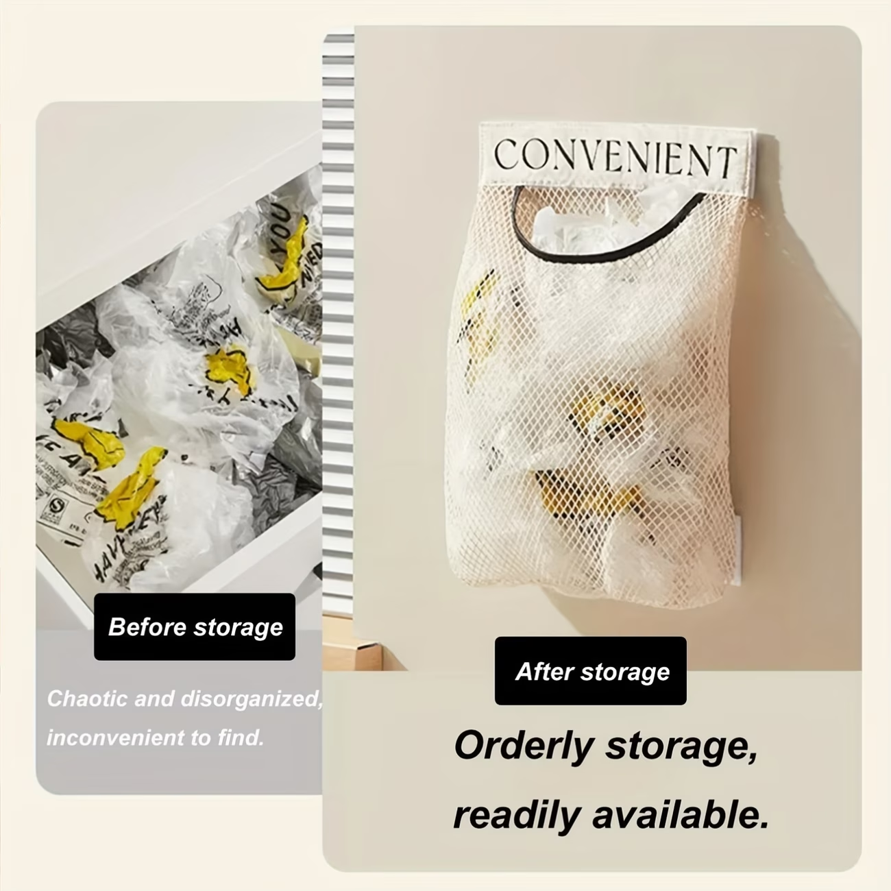 One fabric storage mesh bag, which can be wall-mounted or hung on a door.