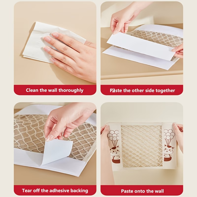 Mesh storage bag, stretchable, with small item pockets, includes 2 stickers.