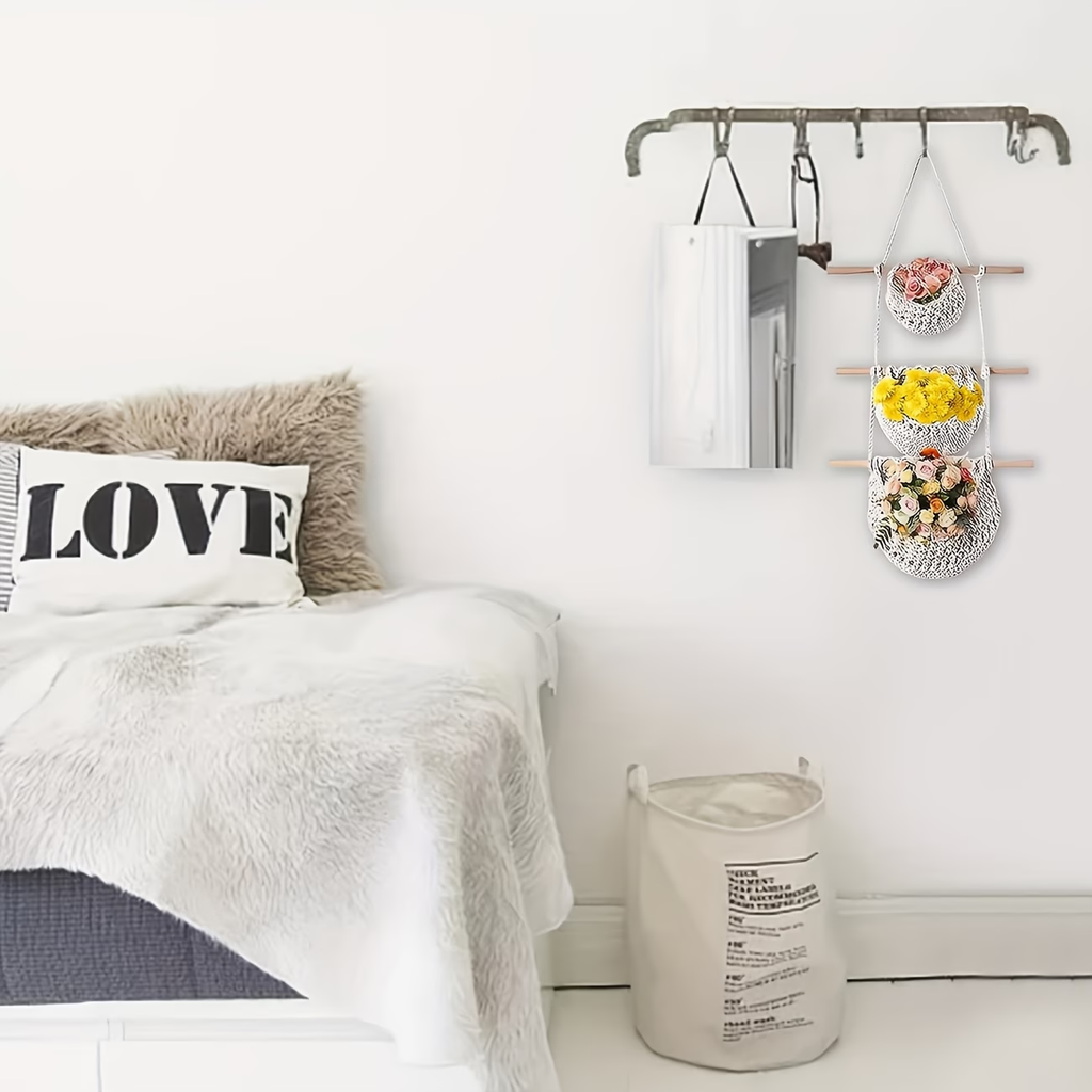 Bohemian-style tassel woven / 1 white fabric storage bag