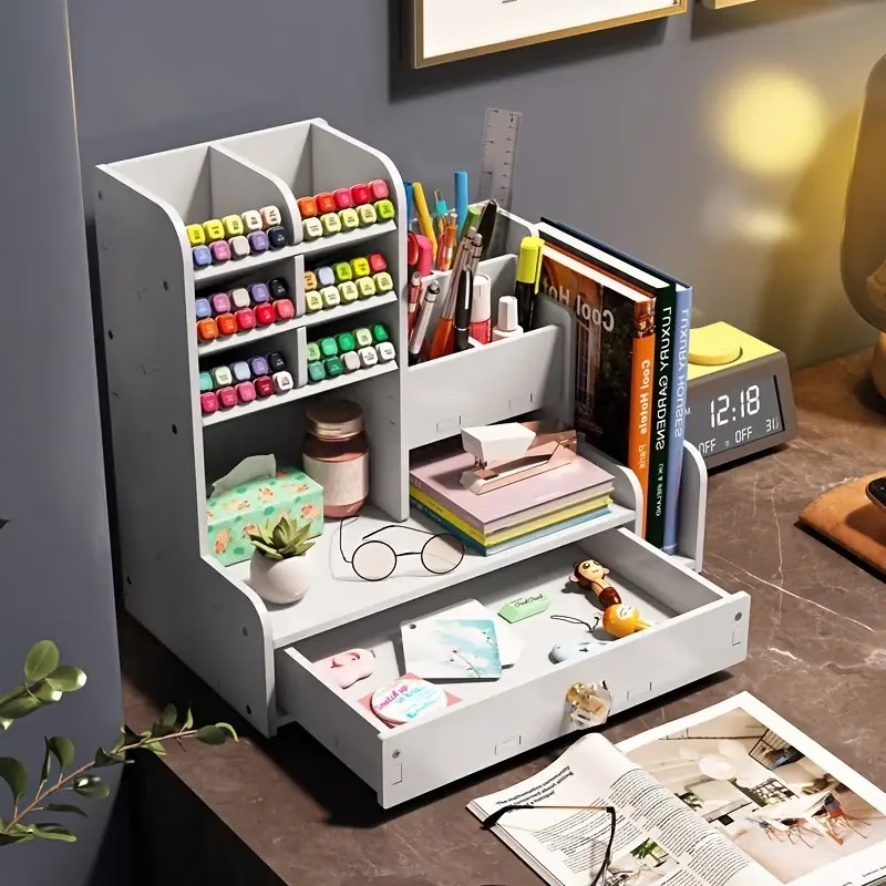 Desktop pen holder storage box with drawers and double-layer file rack.