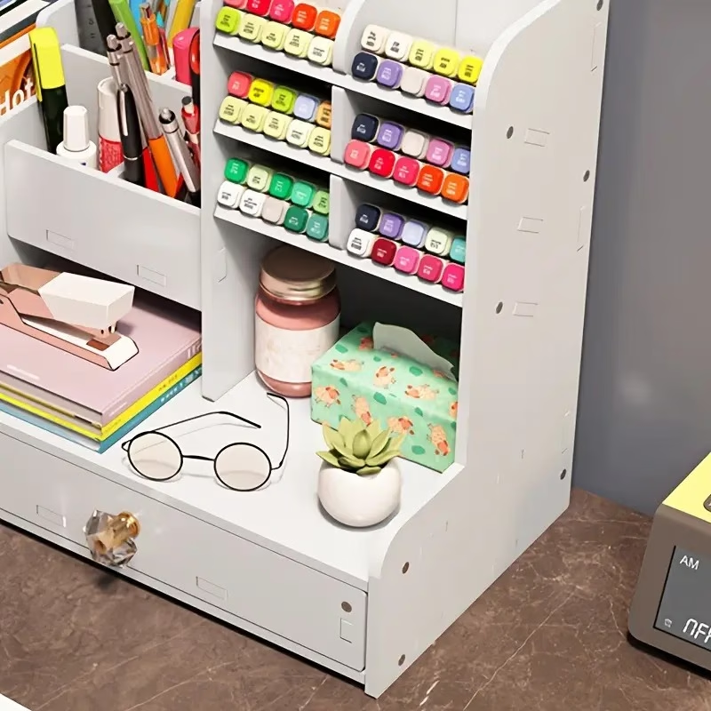 Desktop pen holder storage box with drawers and double-layer file rack.