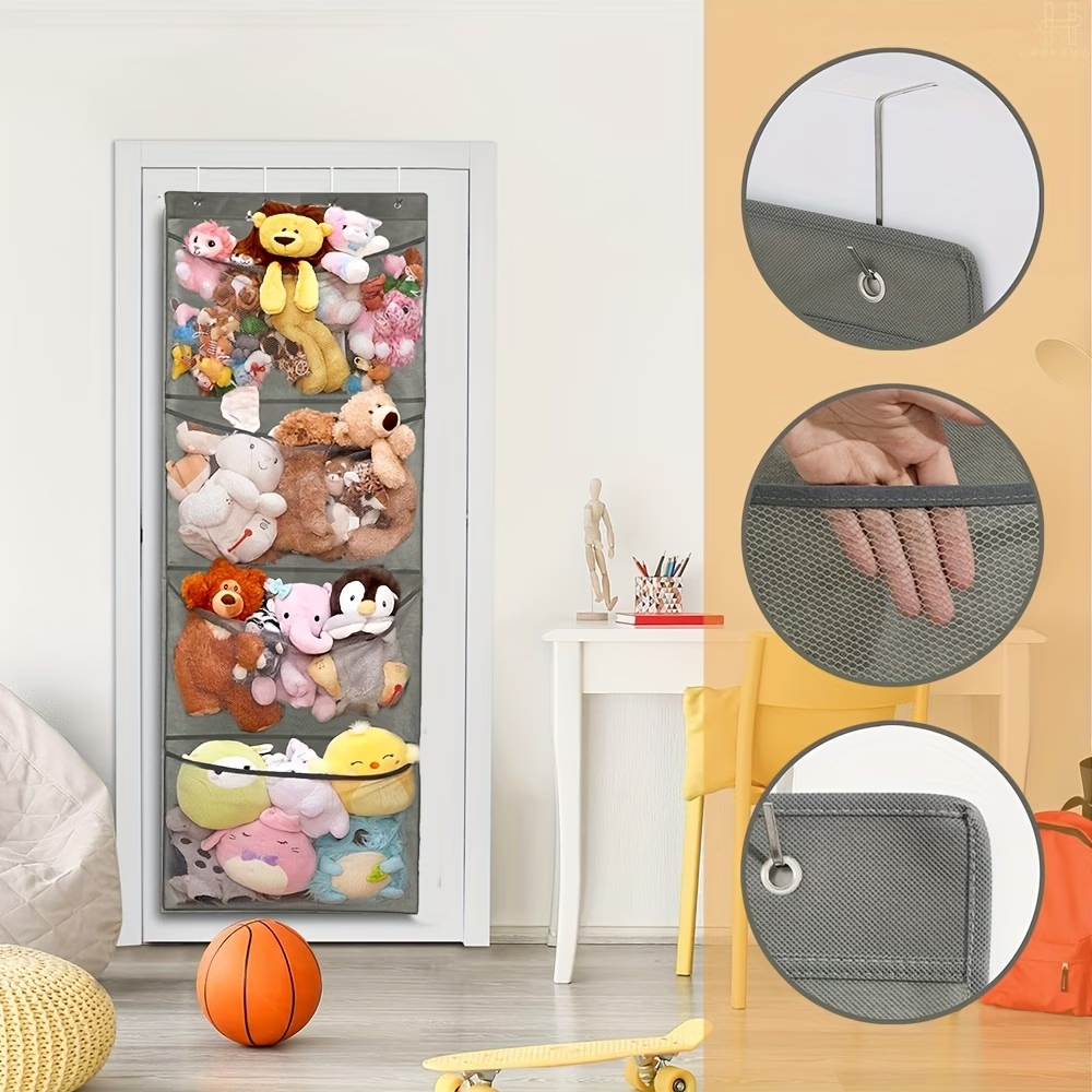 Large mesh door hanging storage rack with 4 large pockets and hooks.