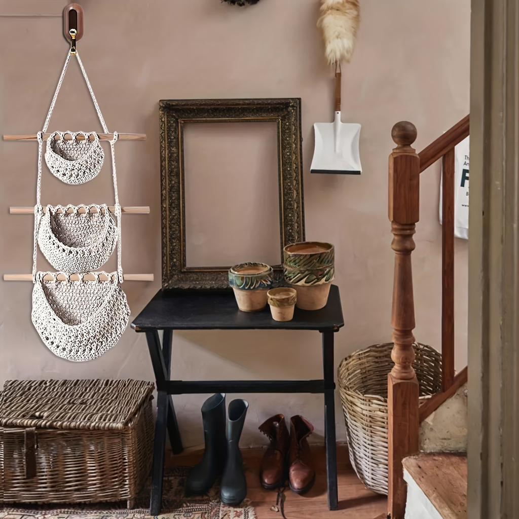 Bohemian-style tassel woven / 1 white fabric storage bag
