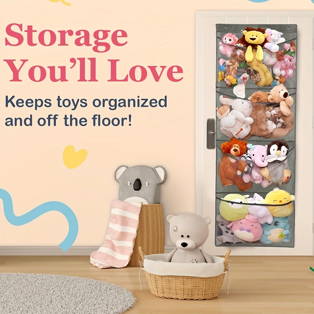 Large mesh door hanging storage rack with 4 large pockets and hooks.