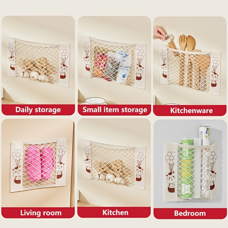 Mesh storage bag, stretchable, with small item pockets, includes 2 stickers.