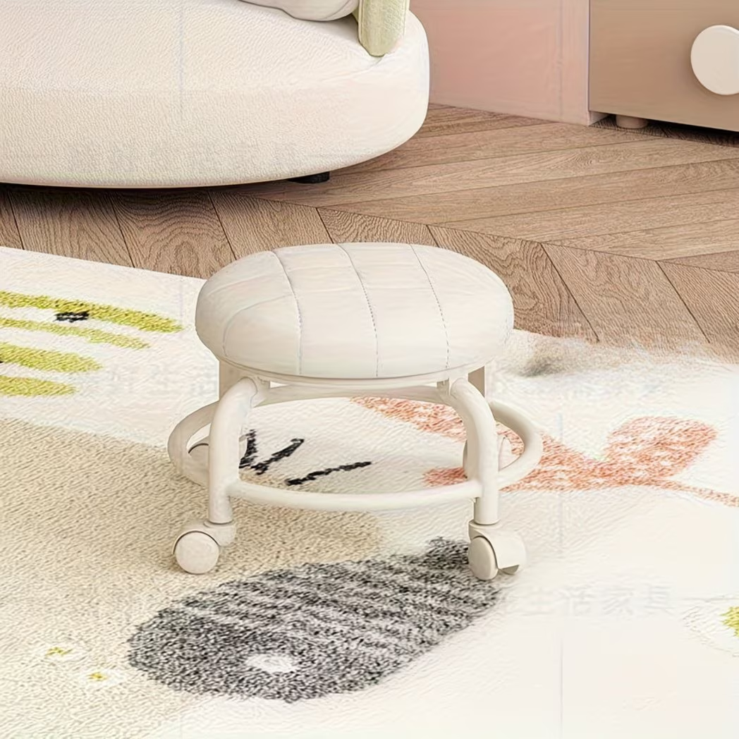 A small stool with wheels, a portable swivel stool for home use, and a shoe stool.