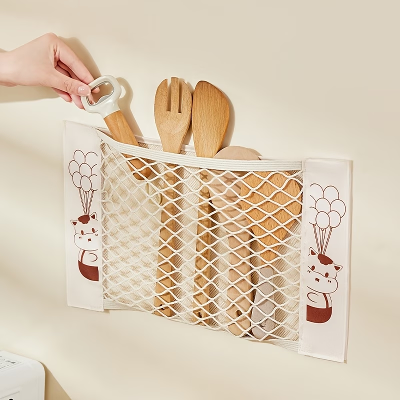 Mesh storage bag, stretchable, with small item pockets, includes 2 stickers.