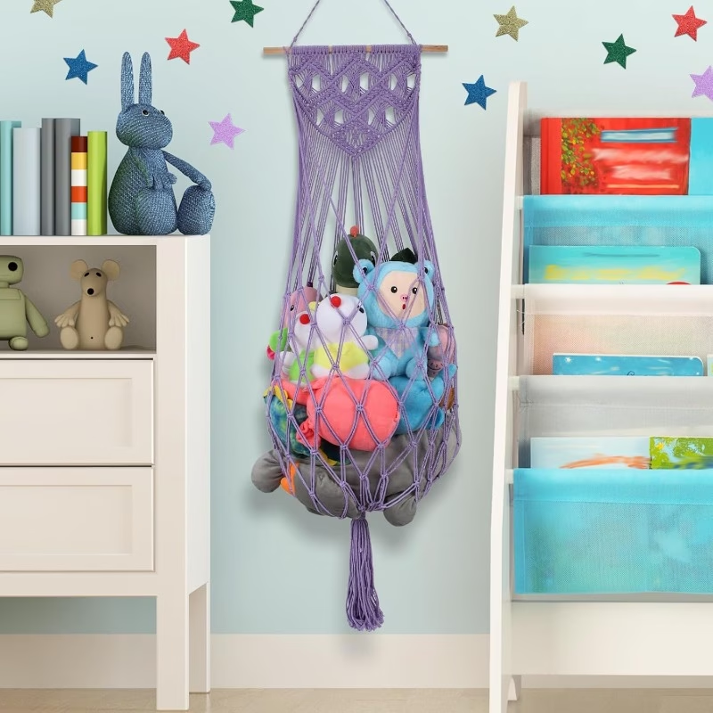 63-inch toy hammock corner shelf with woven ceiling and wall-mounted storage rack