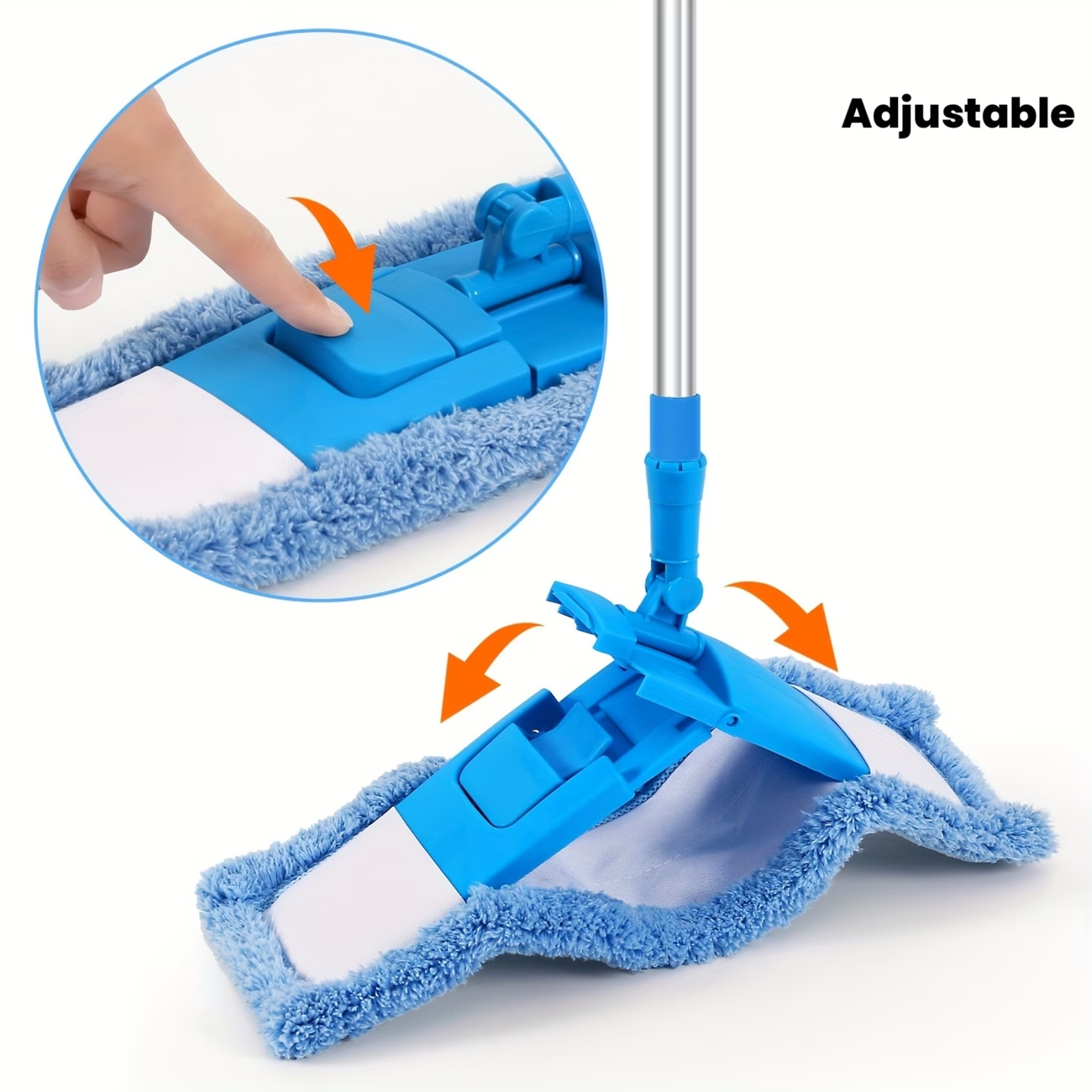360° mop, adjustable length, comes with 2 microfiber cloths and 2 chenille cloths.