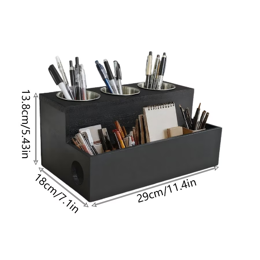 Wooden storage box containing 3 stainless steel containers
