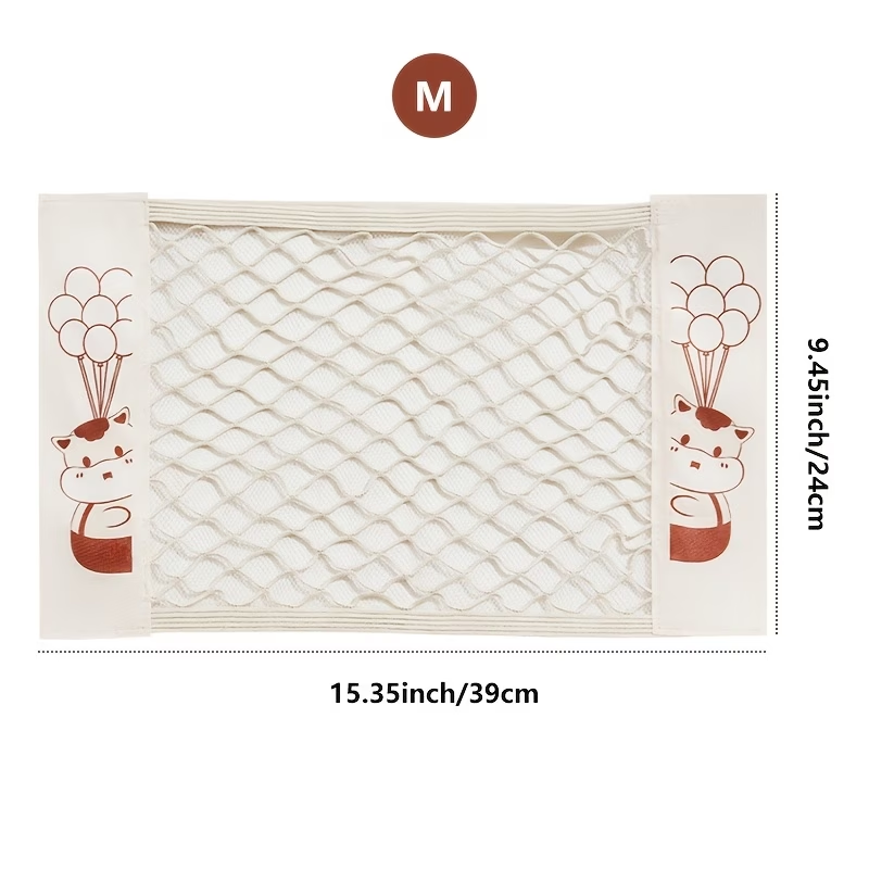 Mesh storage bag, stretchable, with small item pockets, includes 2 stickers.