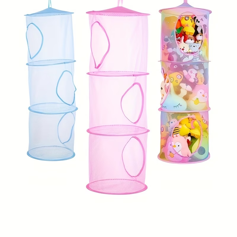 A foldable hanging storage basket suitable for storing toys.