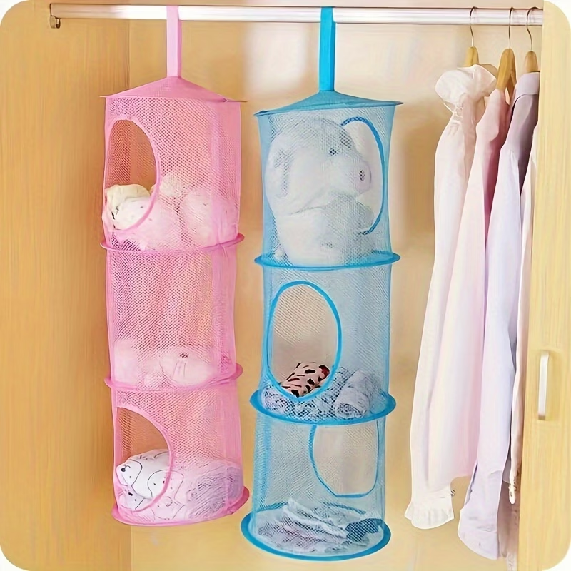 A foldable hanging storage basket suitable for storing toys.