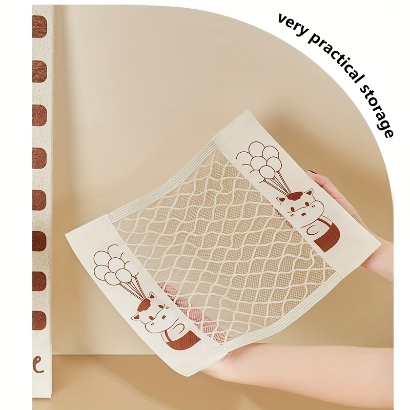 Mesh storage bag, stretchable, with small item pockets, includes 2 stickers.