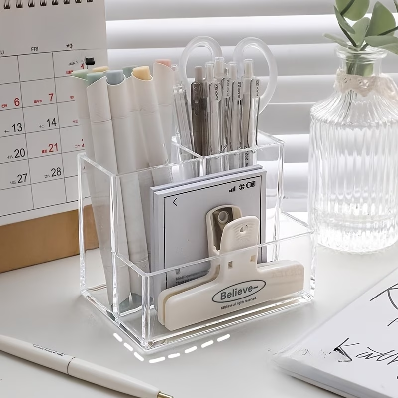 Transparent multi-compartment pen holder stationery storage box