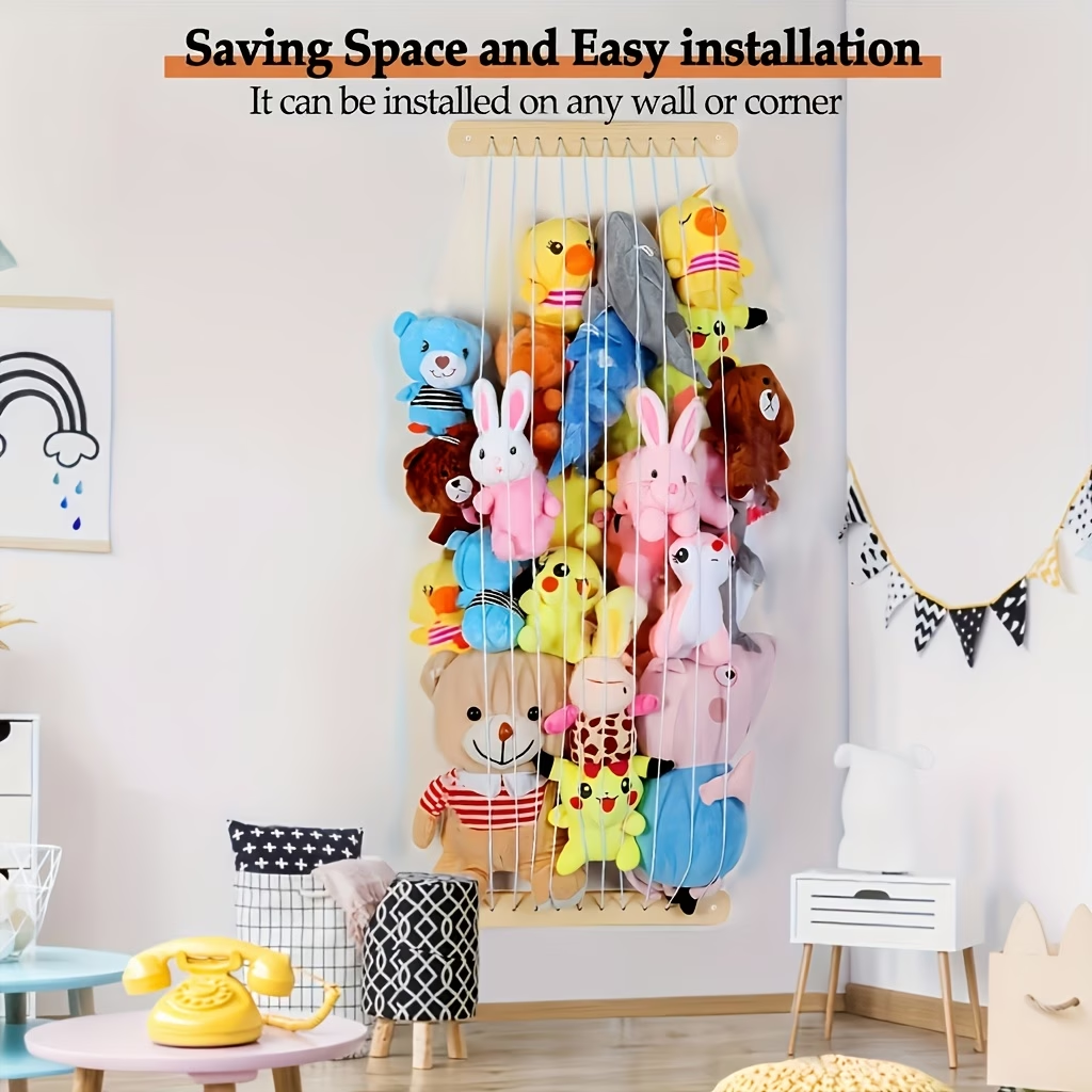 Wooden plush toy storage hammock and wall mesh