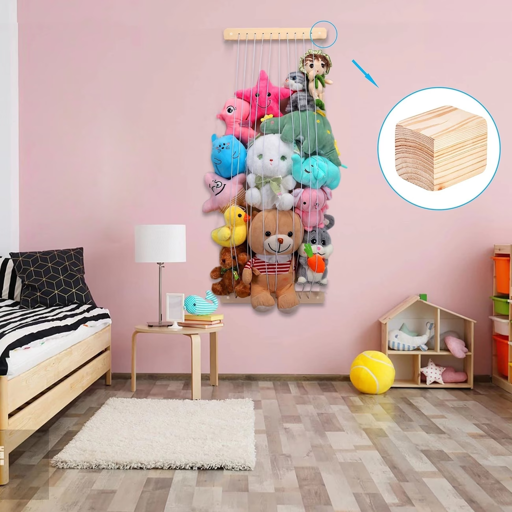 Wooden plush toy storage hammock and wall mesh