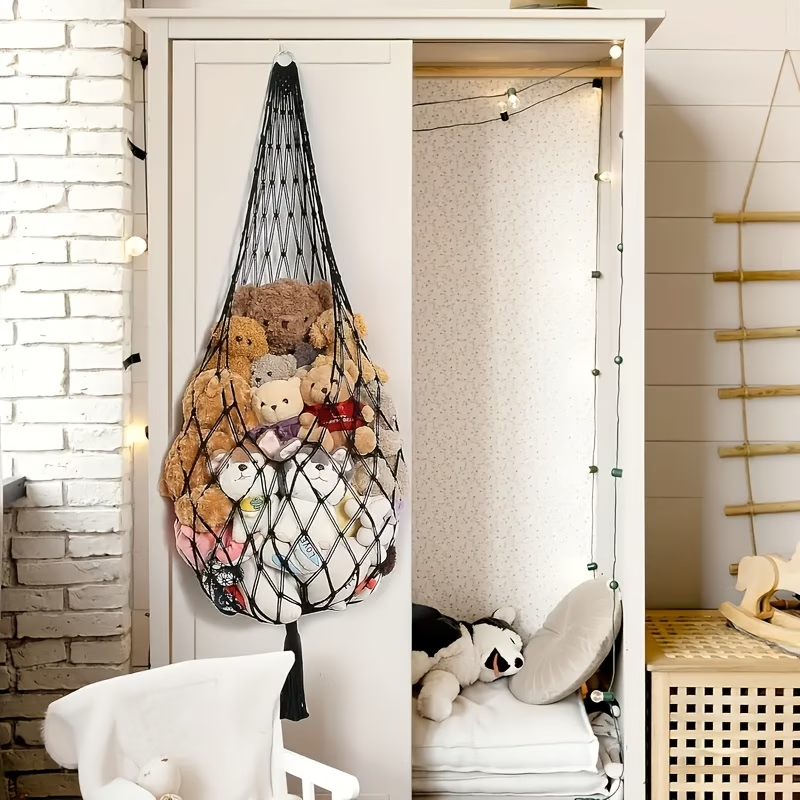 A spacious plush toy storage net, easy to install, with a bohemian design.