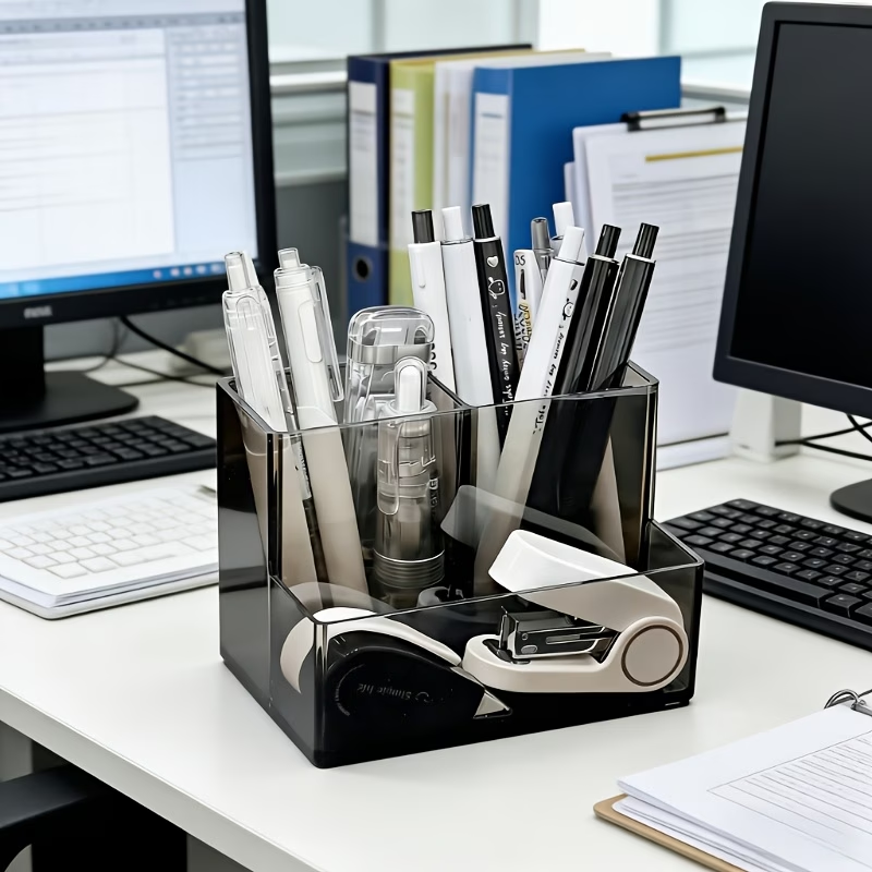 Transparent multi-compartment pen holder stationery storage box