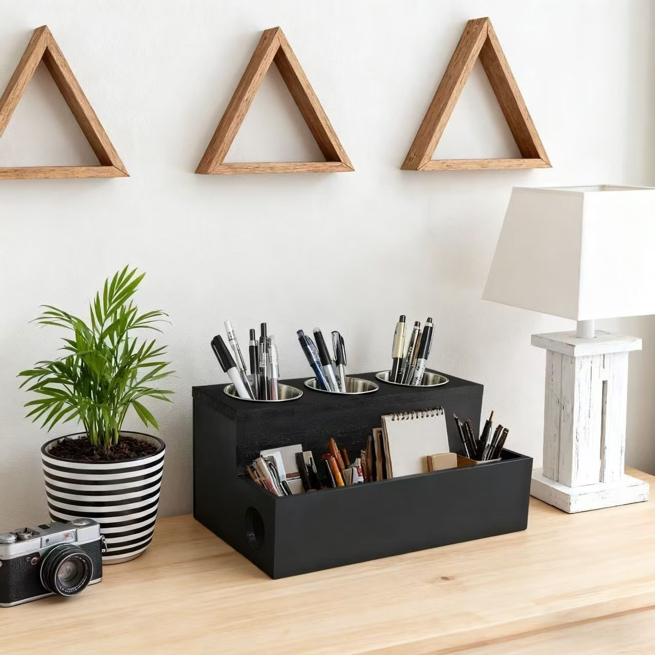 Wooden storage box containing 3 stainless steel containers