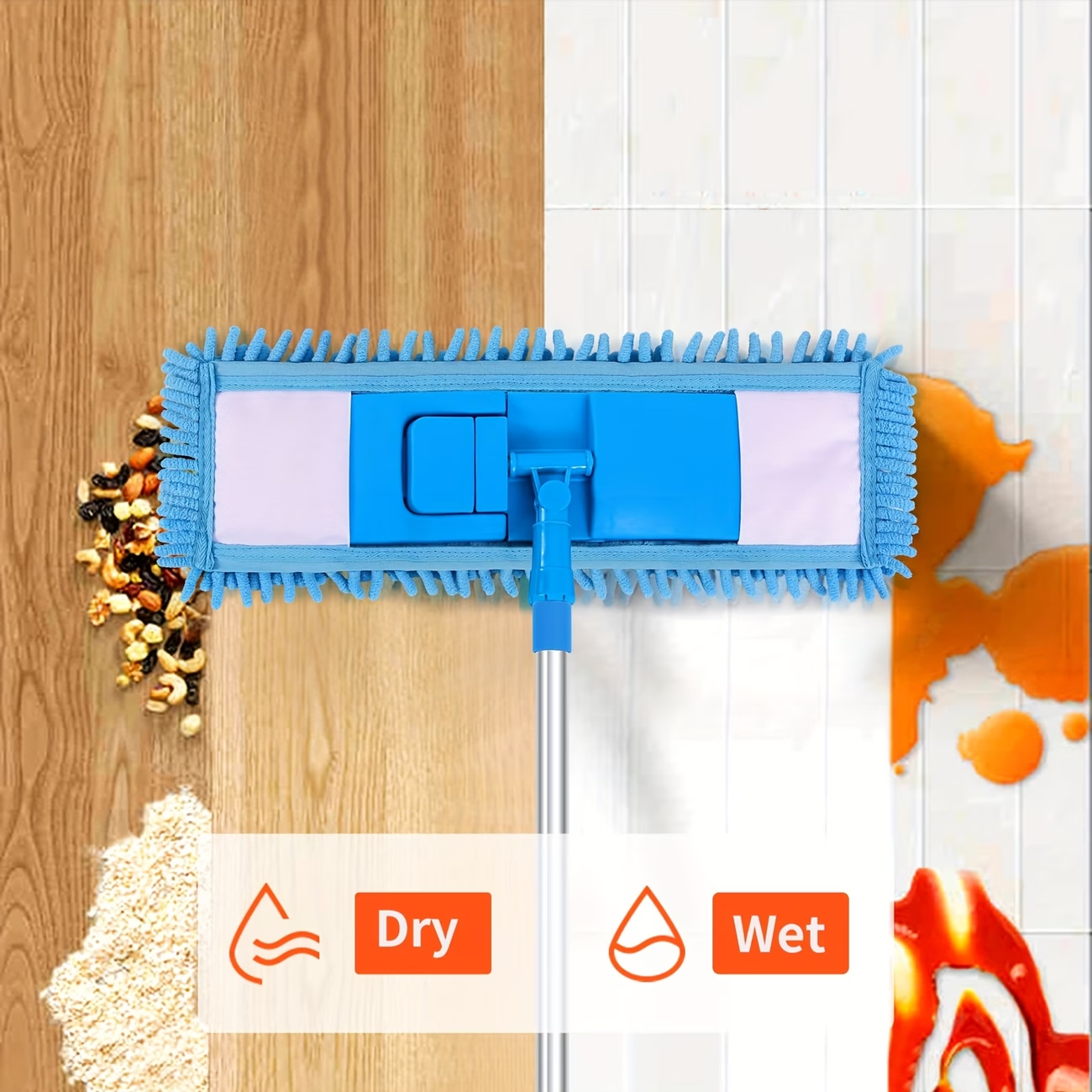 360° mop, adjustable length, comes with 2 microfiber cloths and 2 chenille cloths.