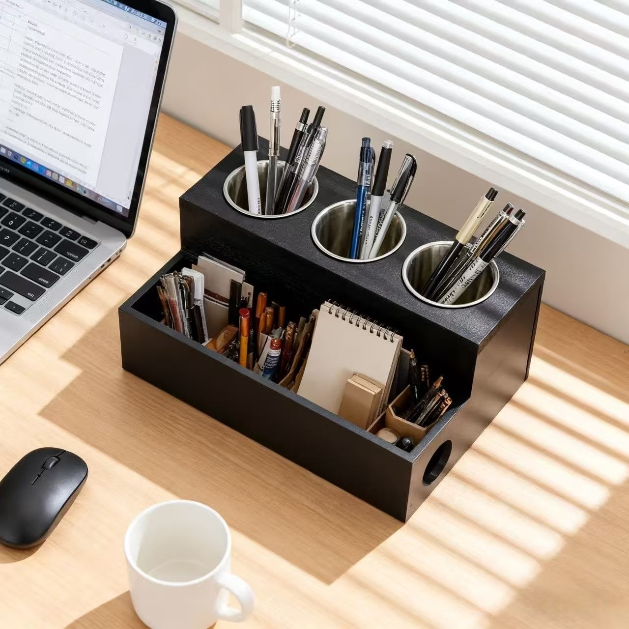 Wooden storage box containing 3 stainless steel containers