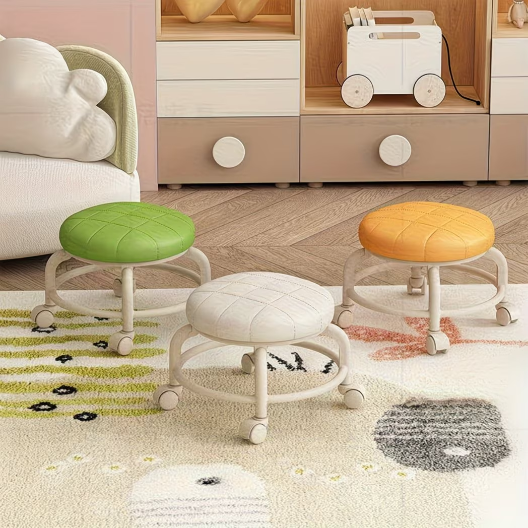 A small stool with wheels, a portable swivel stool for home use, and a shoe stool.