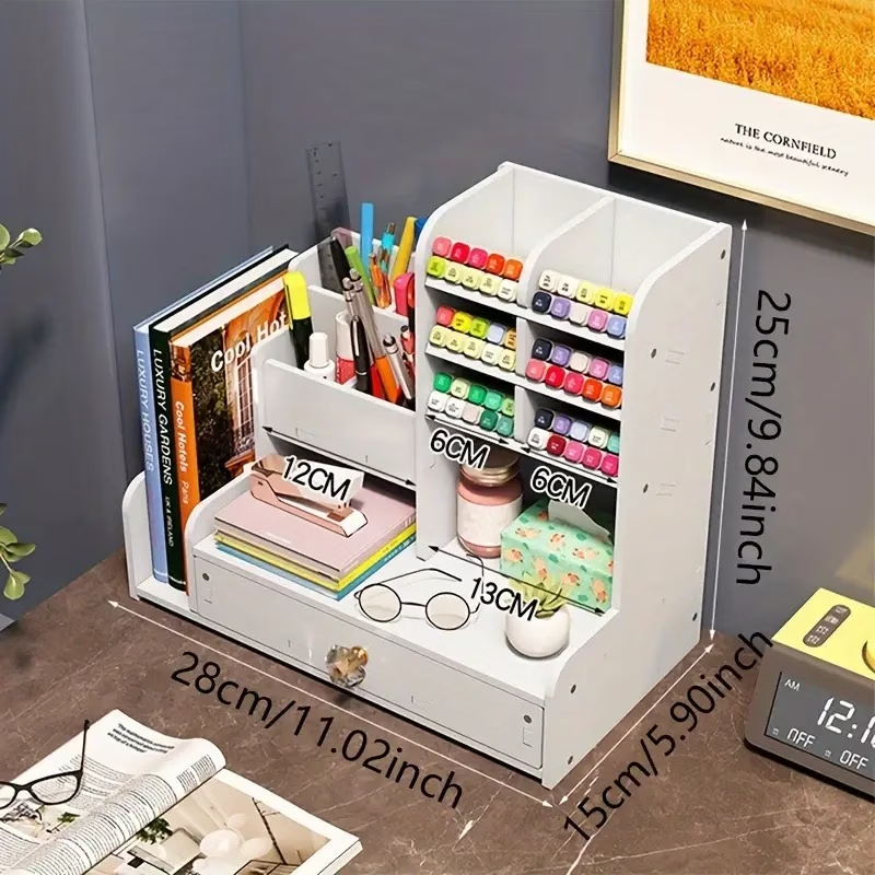 Desktop pen holder storage box with drawers and double-layer file rack.