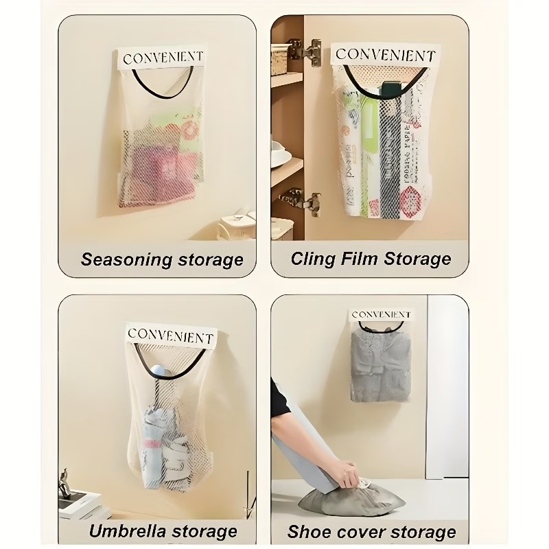One fabric storage mesh bag, which can be wall-mounted or hung on a door.