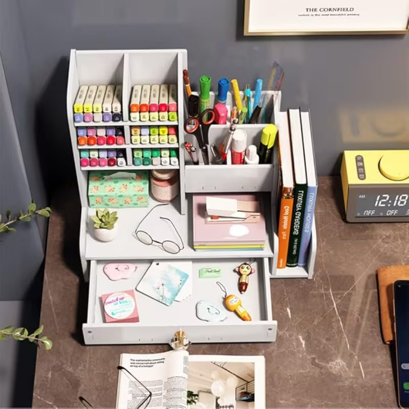 Desktop pen holder storage box with drawers and double-layer file rack.