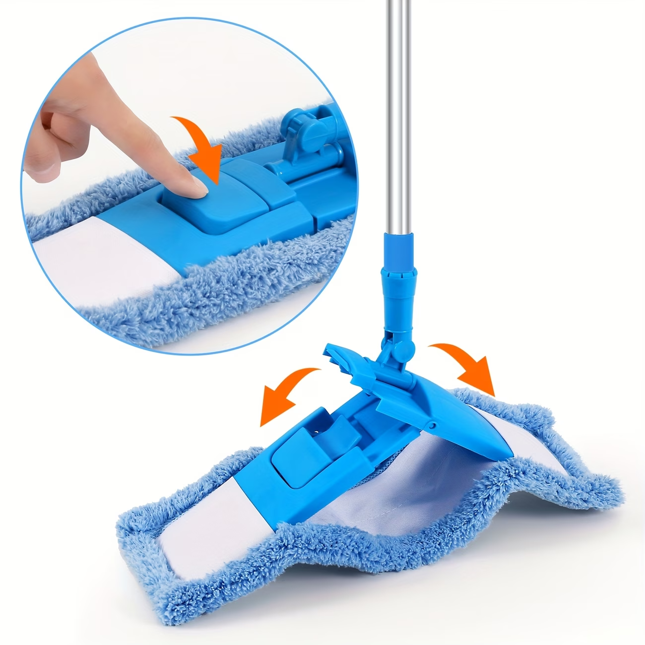 360° mop, adjustable length, comes with 2 microfiber cloths and 2 chenille cloths.