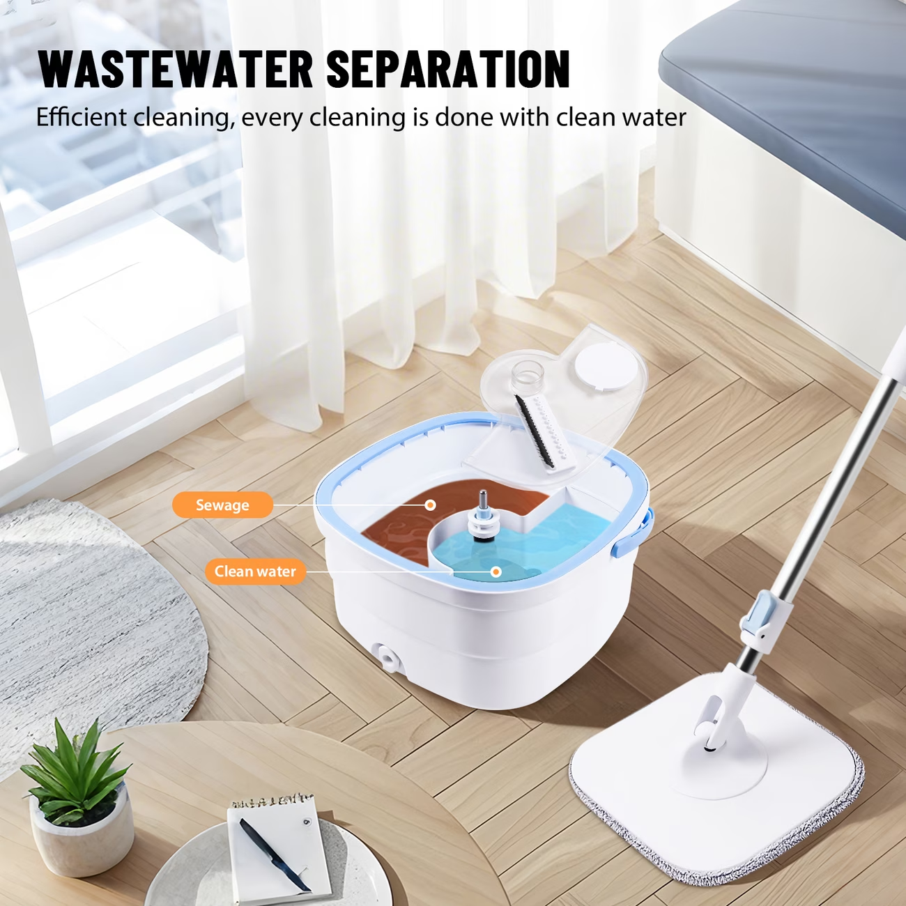 Washable and dry mop bucket set, 360° rotating flat mop.
