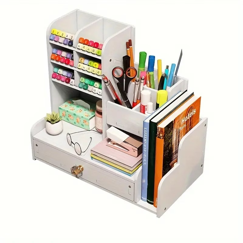 Desktop pen holder storage box with drawers and double-layer file rack.