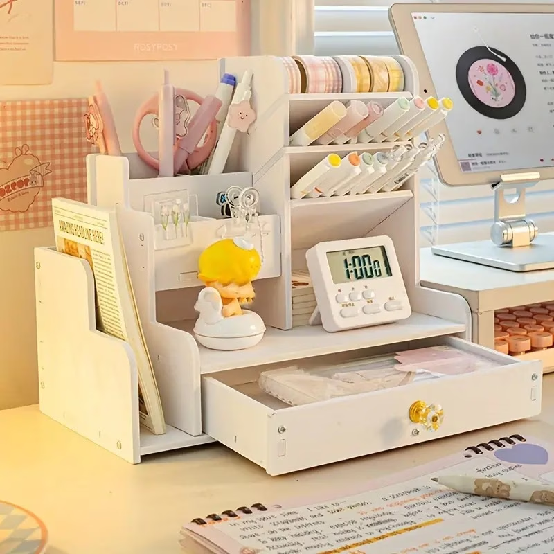 Desktop pen holder storage box with drawers and double-layer file rack.