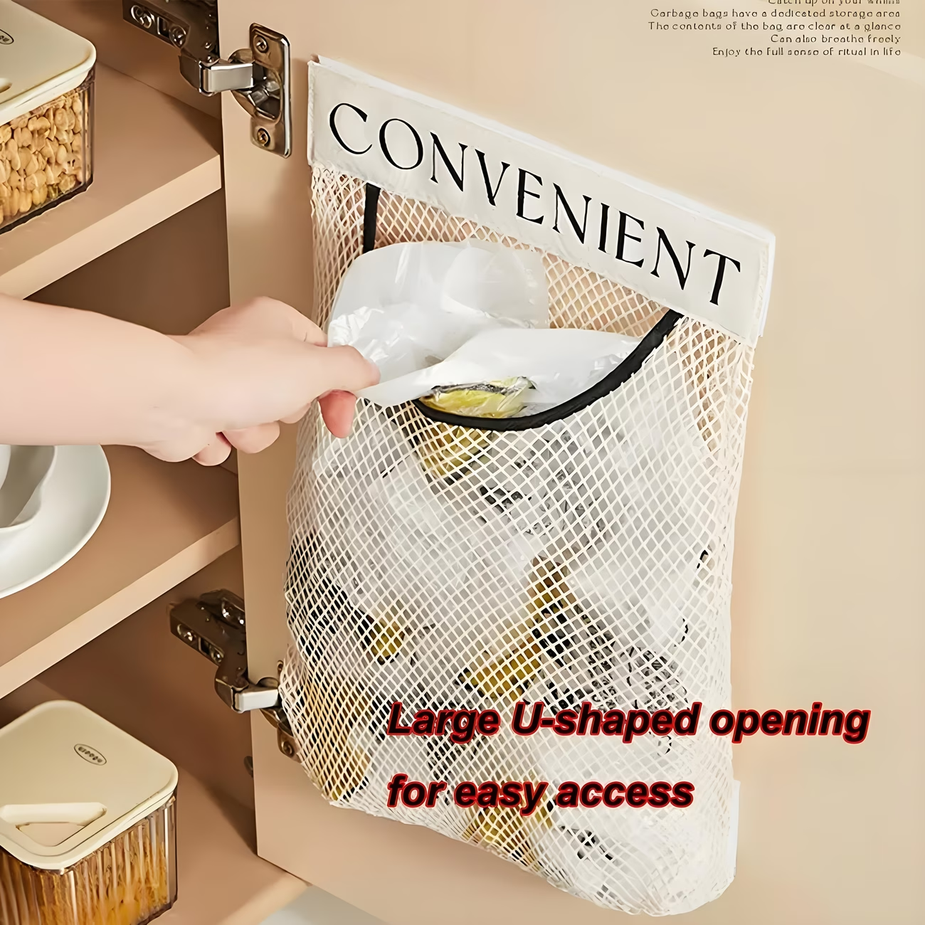 One fabric storage mesh bag, which can be wall-mounted or hung on a door.