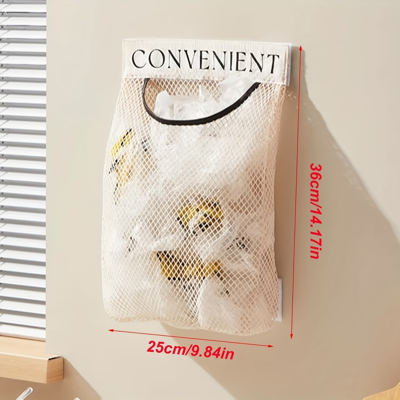 One fabric storage mesh bag, which can be wall-mounted or hung on a door.