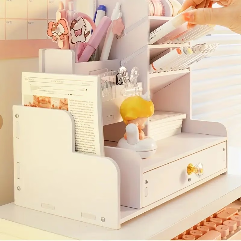 Desktop pen holder storage box with drawers and double-layer file rack.