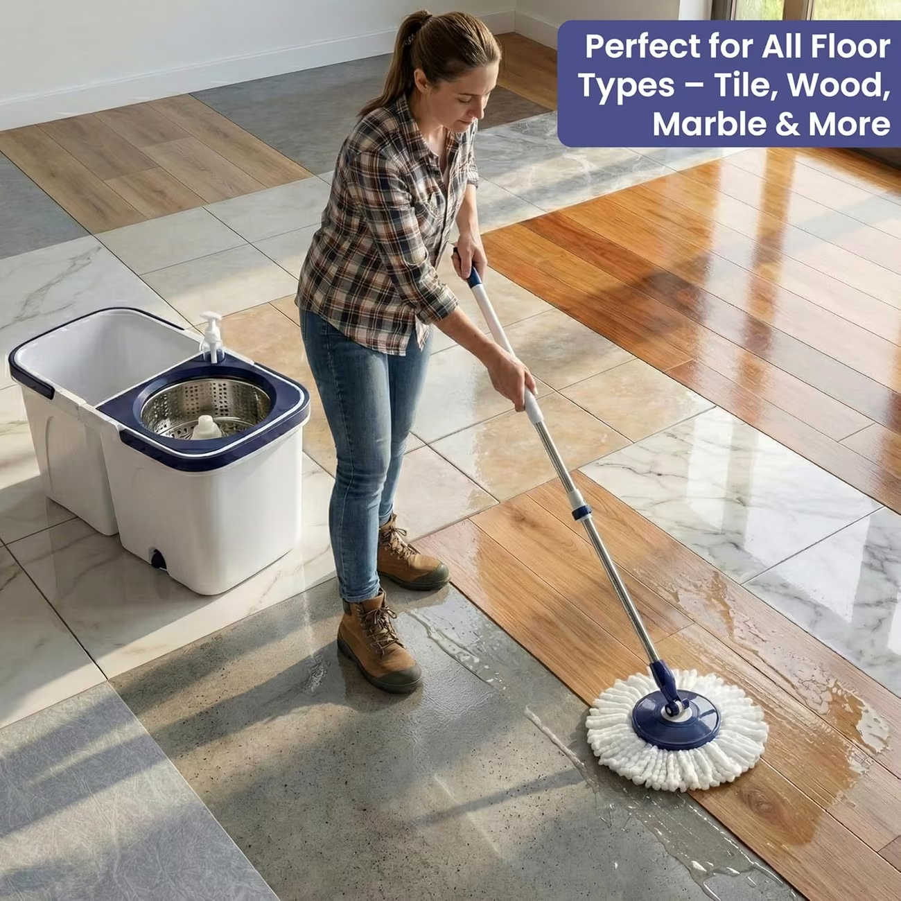 Spin mop set with a double-bucket design, one for clean water and one for dirty water.