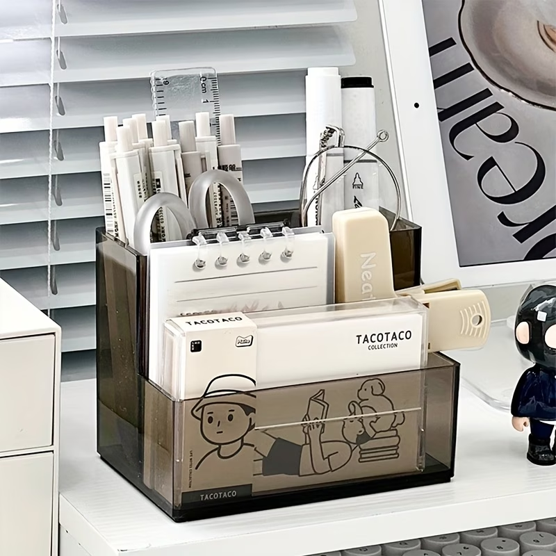 Transparent multi-compartment pen holder stationery storage box