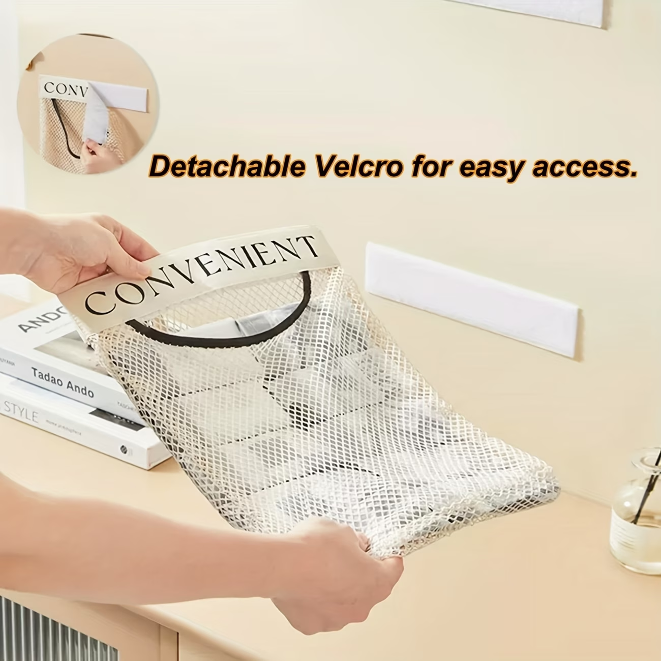 One fabric storage mesh bag, which can be wall-mounted or hung on a door.