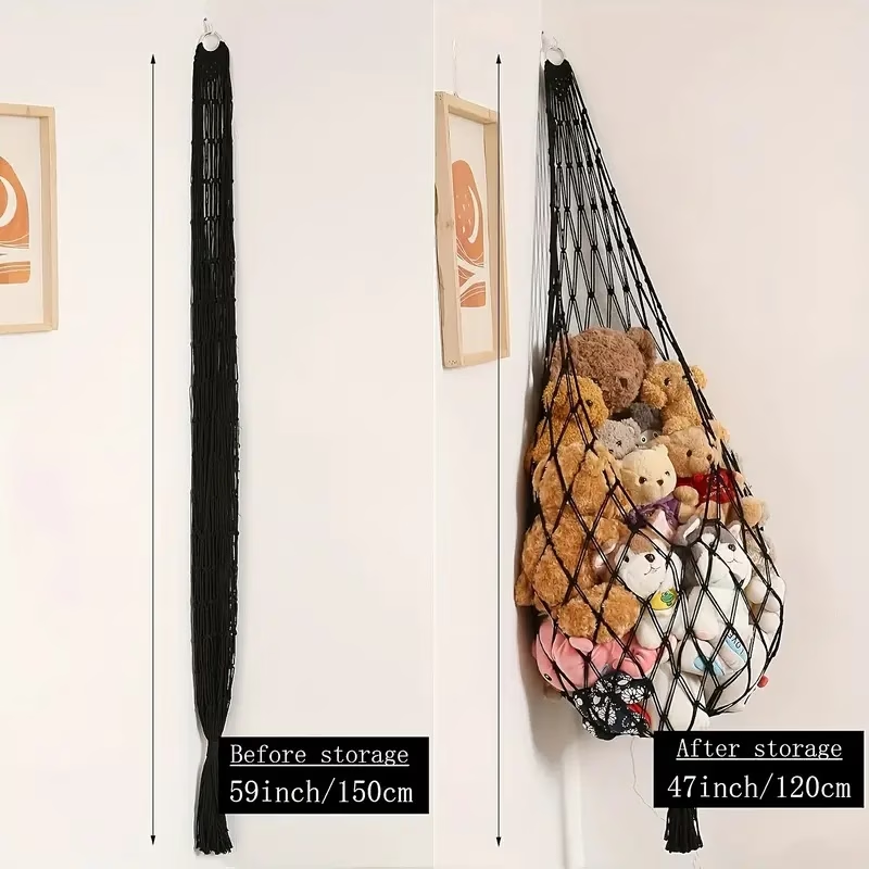 A spacious plush toy storage net, easy to install, with a bohemian design.