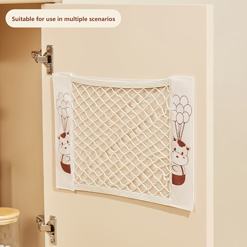 Mesh storage bag, stretchable, with small item pockets, includes 2 stickers.